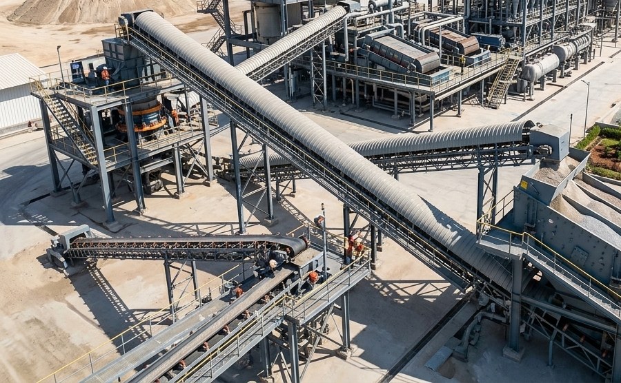 Crusher and conveyor lines at a silica processing plant