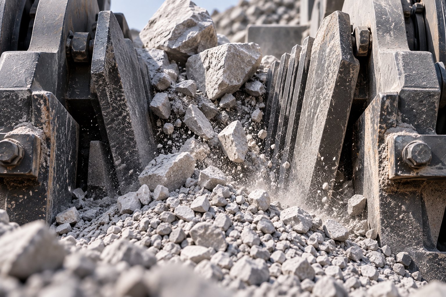 Crusher jaws breaking sandstone into smaller pieces