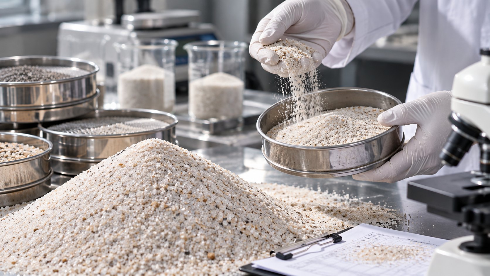 Technician sieving silica sand samples in a quality laboratory