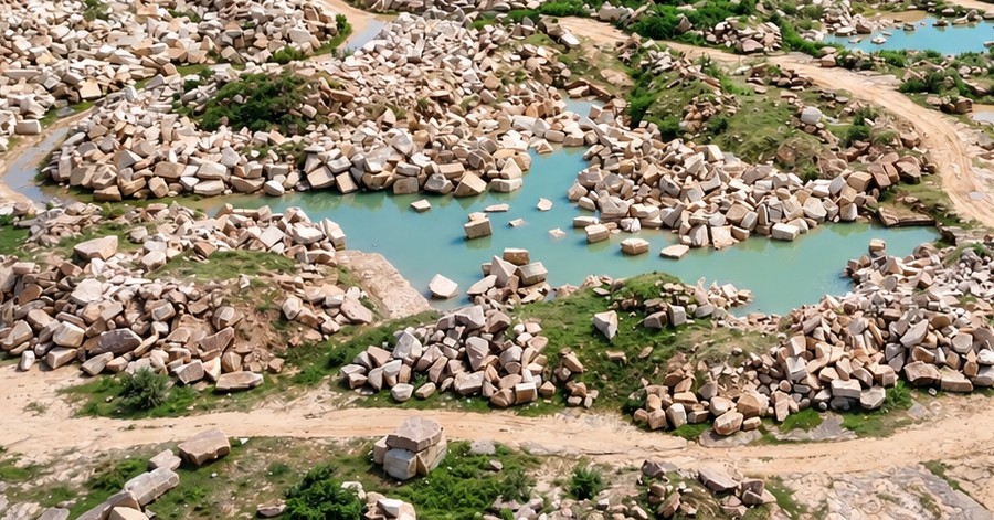 Sandstone blocks around a pit at the Sil Shakti quarry