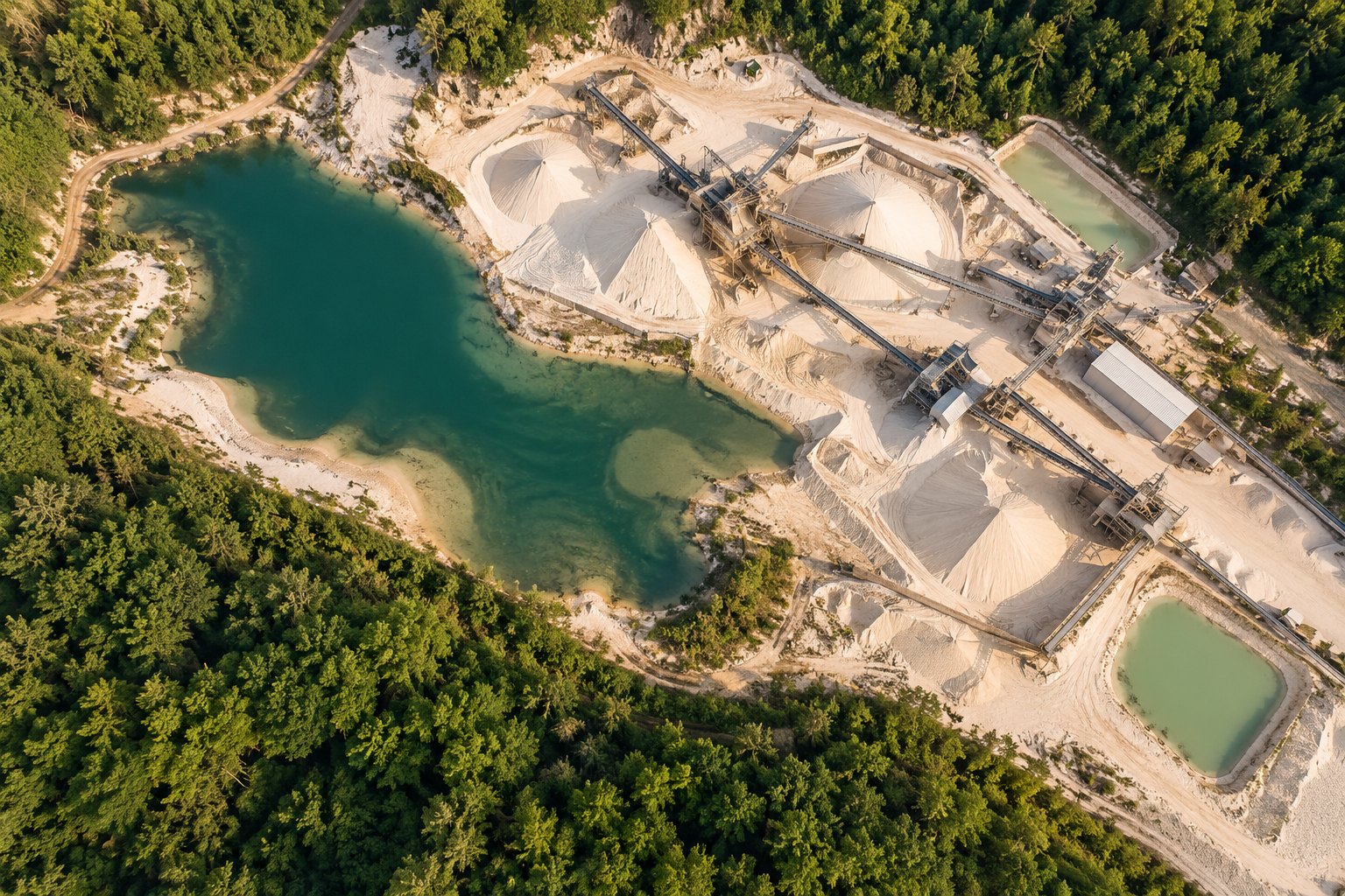 Aerial view of a silica processing site beside water and forest